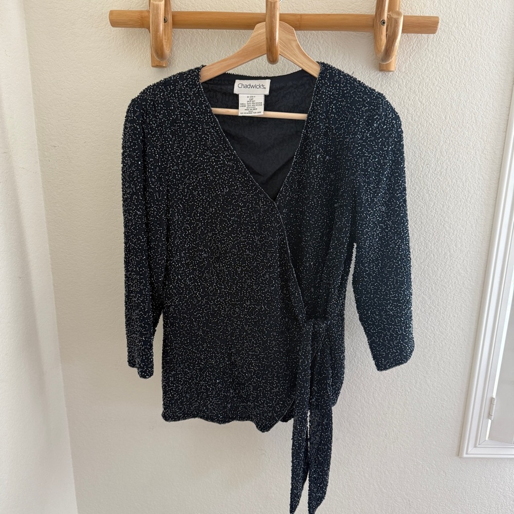 Chadwick’s vintage 90s navy blue beaded sequin wrap top jacket with 3/4 sleeves